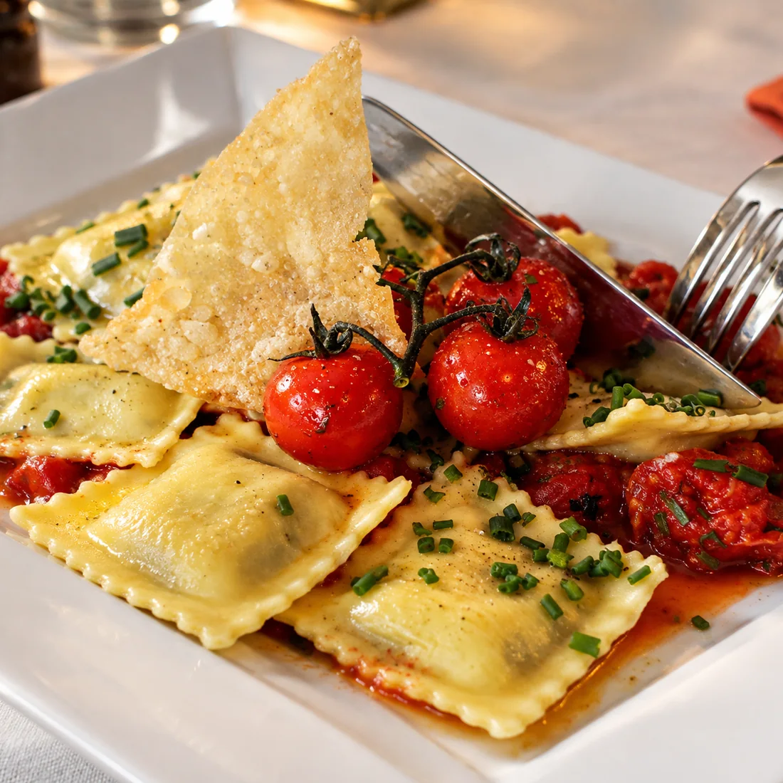 Hausgemachte Ravioli mit geschmorten Tomaten im Café und Restaurant Am Treptower Tor