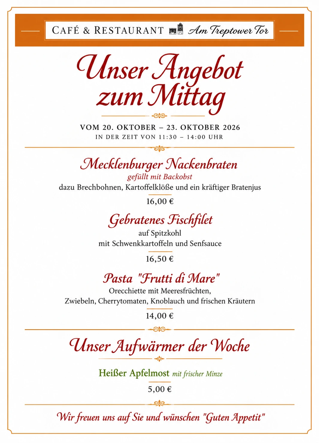 Mittagskarte vom 20. bis 23. Oktober 2026